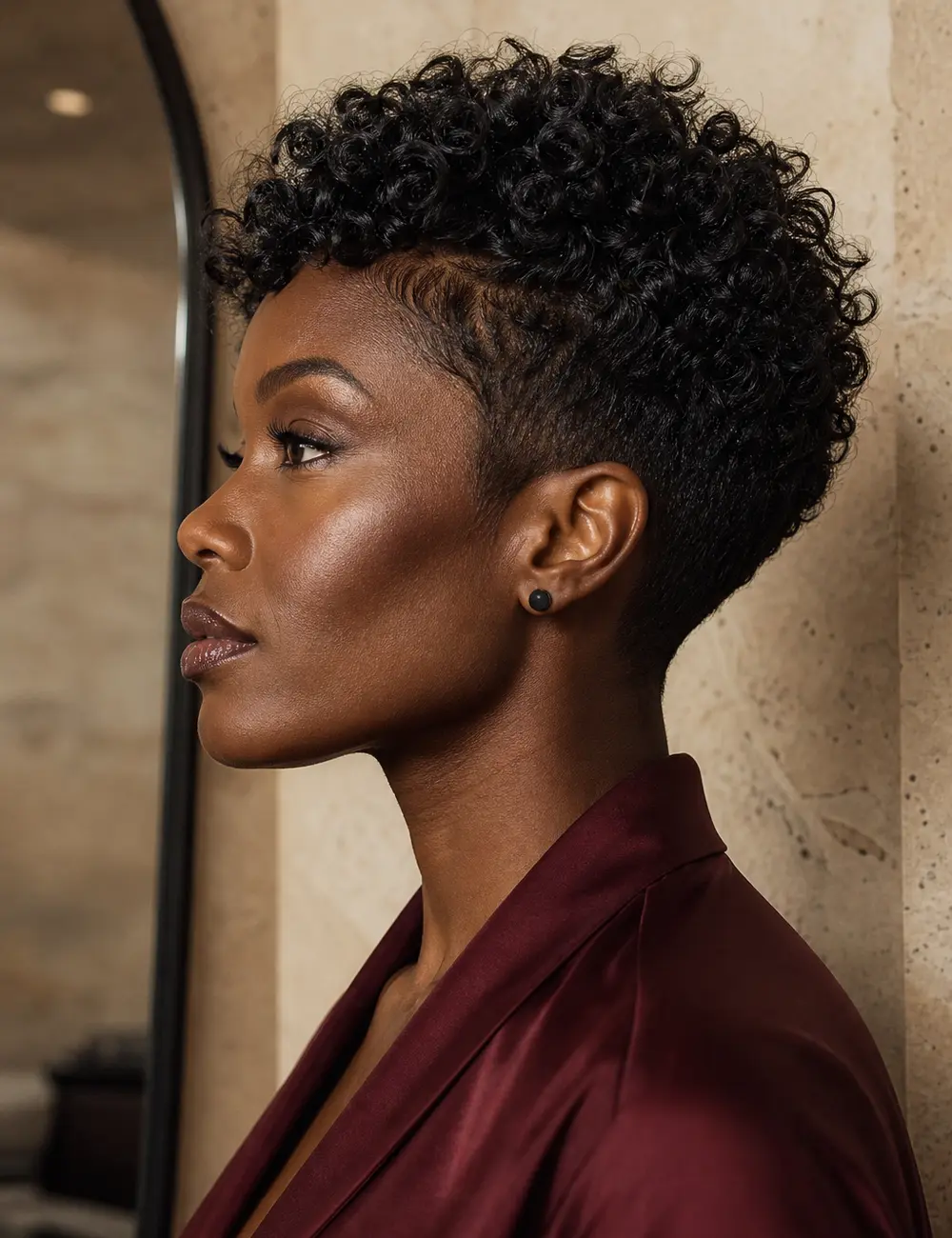 Sculptural short natural curl cut