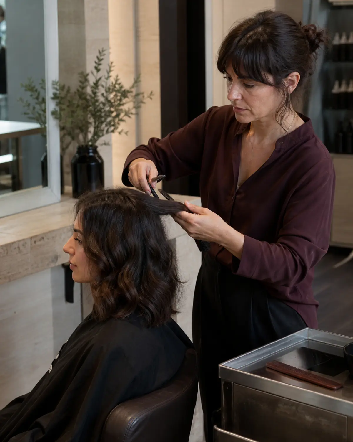An Atelier stylist shaping a client's wavy hair